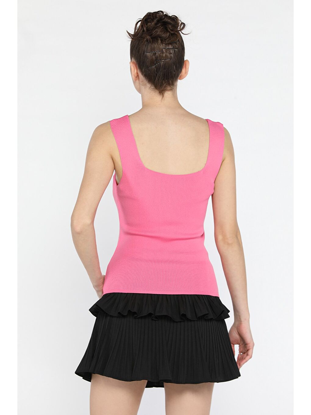 Fuşya Kadın Kare Yaka Kalın Askılı Elastanlı Triko Bluz-2