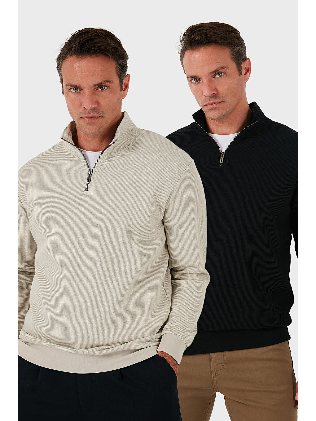 Siyah Pamuklu Regular Fit Yarım Fermuarlı Dik Yaka 2'li Paket Sweat 5905716S2