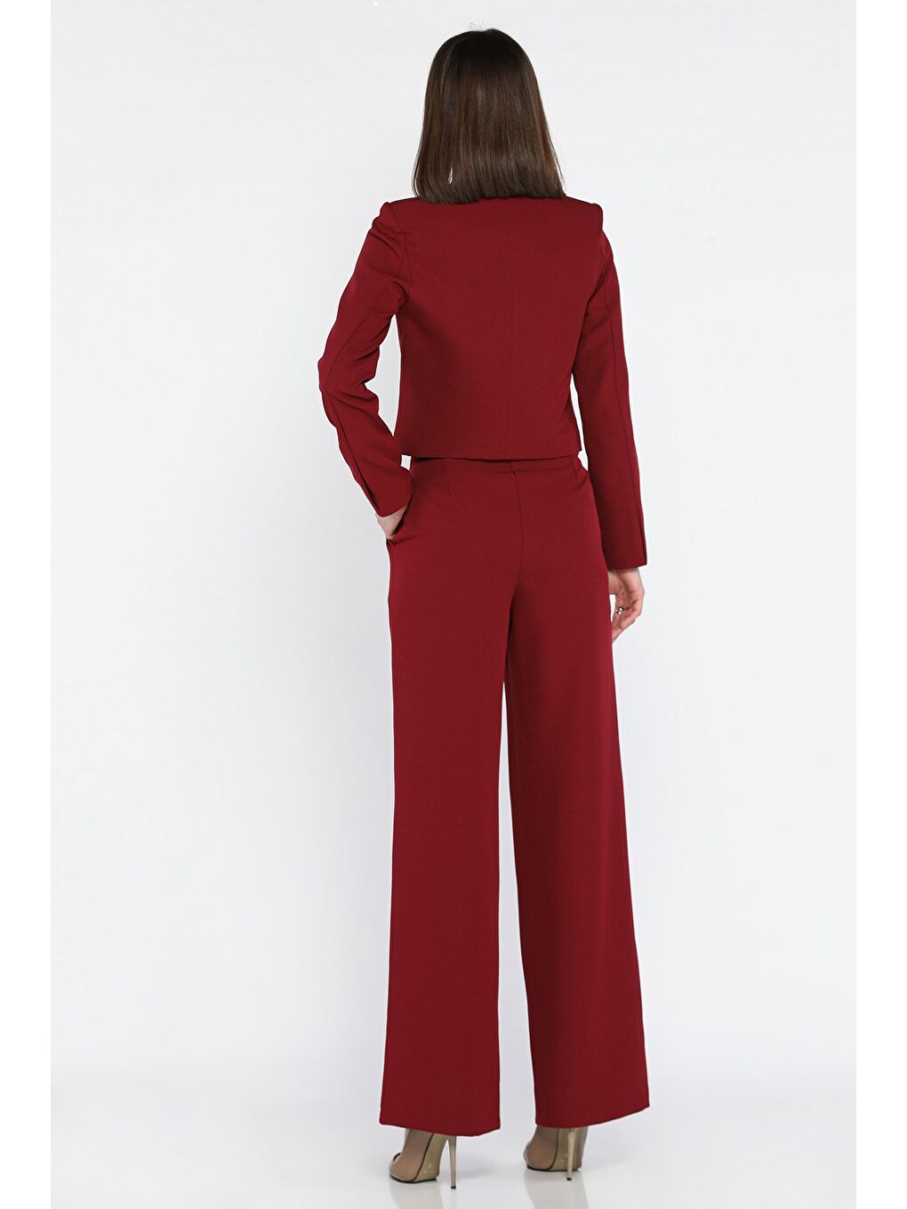 Bordo Kadın Dört Düğmeli Blazer Ceket Palazzo Pantolon İkili Takım-2