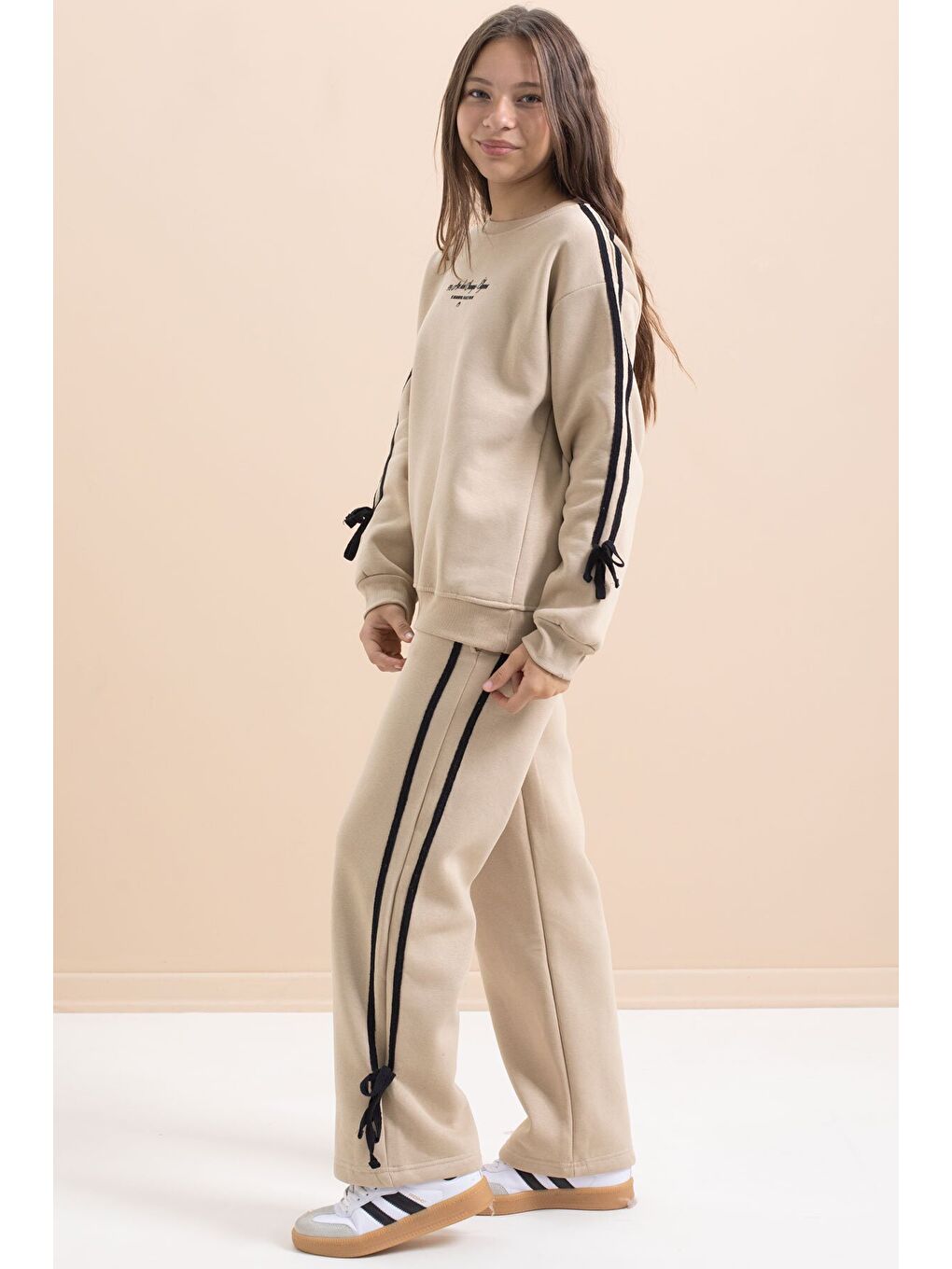 Bej Kız Çocuk Şerit Detaylı 3 İplik Şardonlu Takım 21516-2