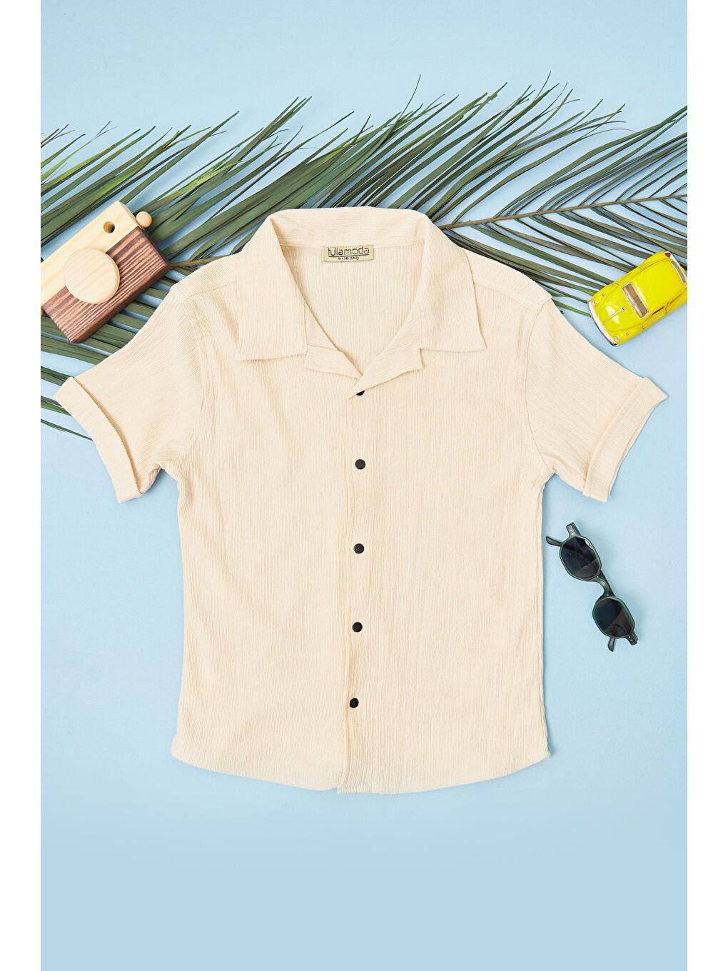 Bej Kolu Katlamalı Düğmeli Erkek Çocuk Gömlek