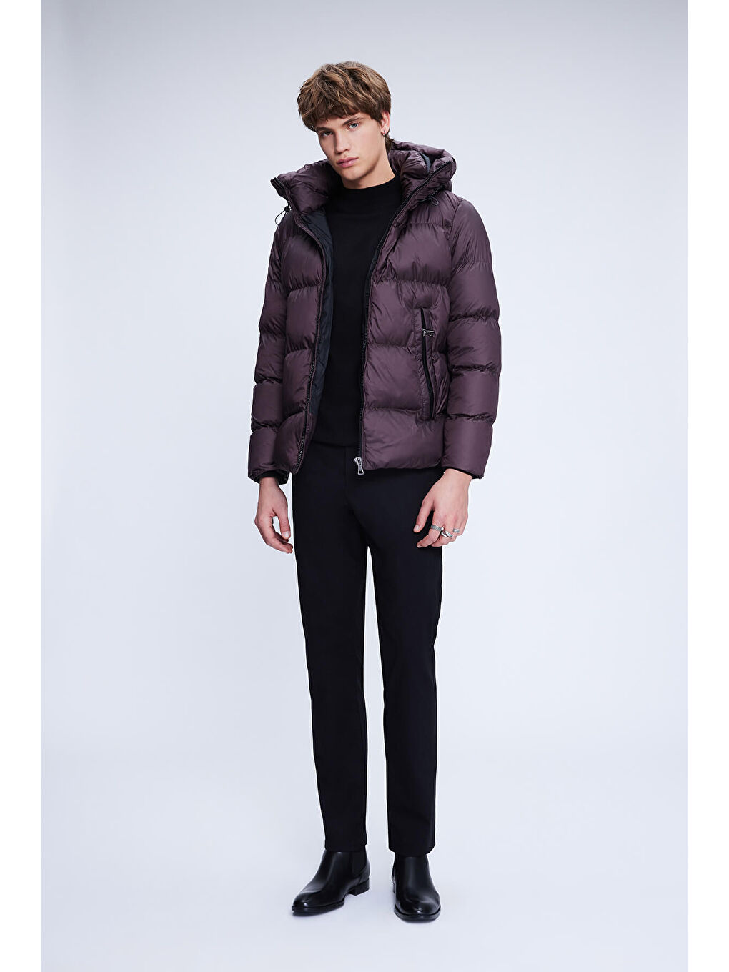 Bordo Dinamik Fit Hakim Yaka Kapüşonlu Şişme Mont-1