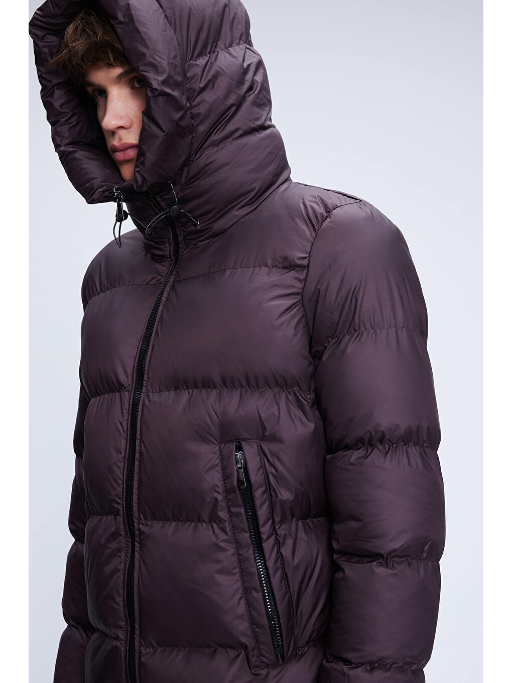 Bordo Dinamik Fit Hakim Yaka Kapüşonlu Şişme Mont-2