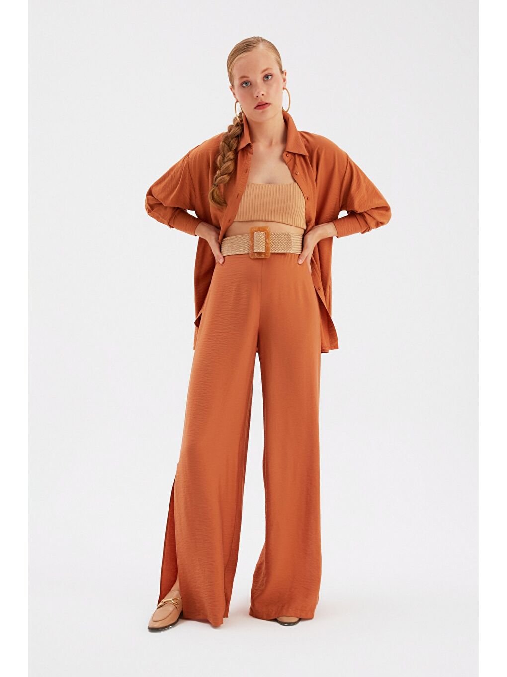 Kahverengi Yırtmaçlı Keten Pantolon - Taba-2