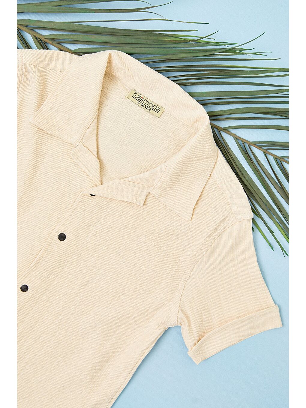 Bej Kolu Katlamalı Düğmeli Erkek Çocuk Gömlek-1