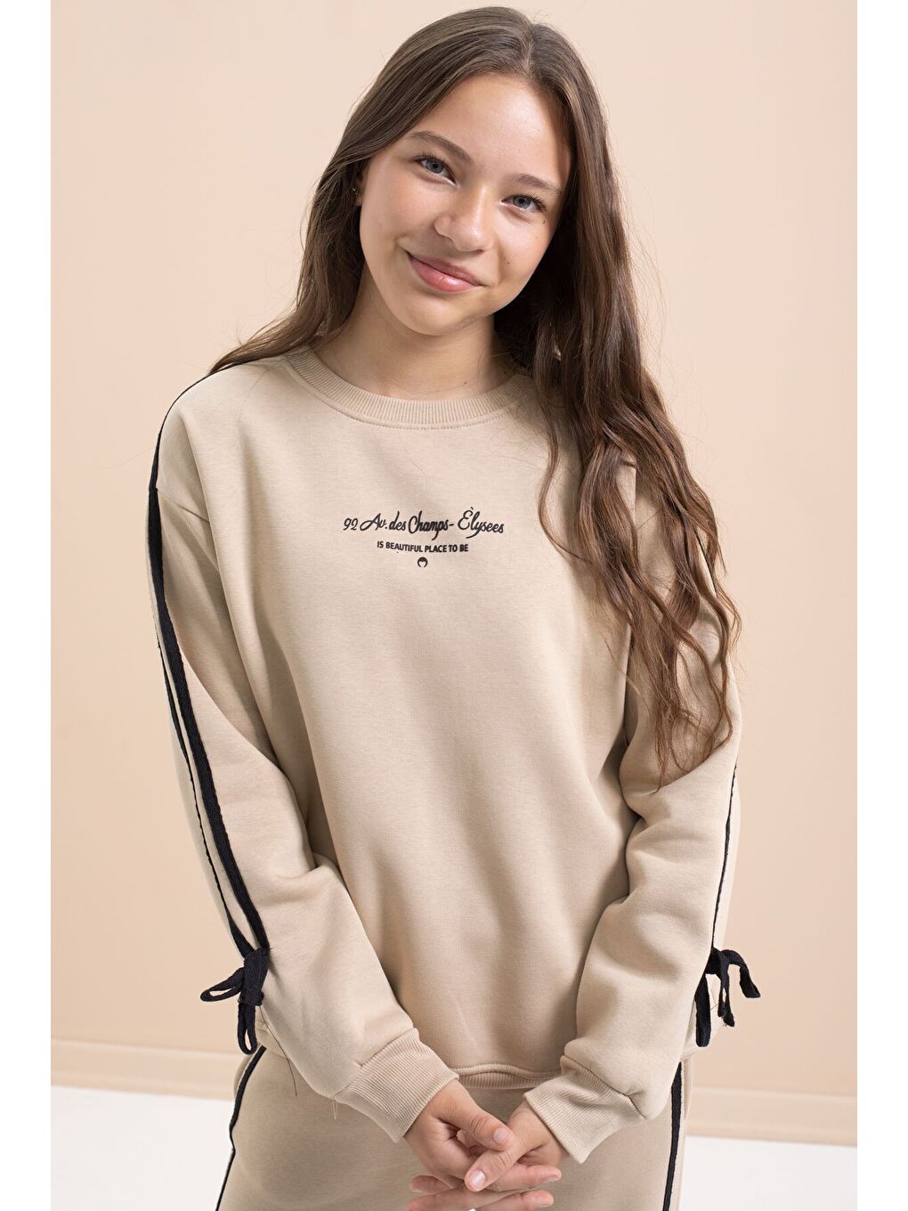 Bej Kız Çocuk Şerit Detaylı 3 İplik Şardonlu Takım 21516-3