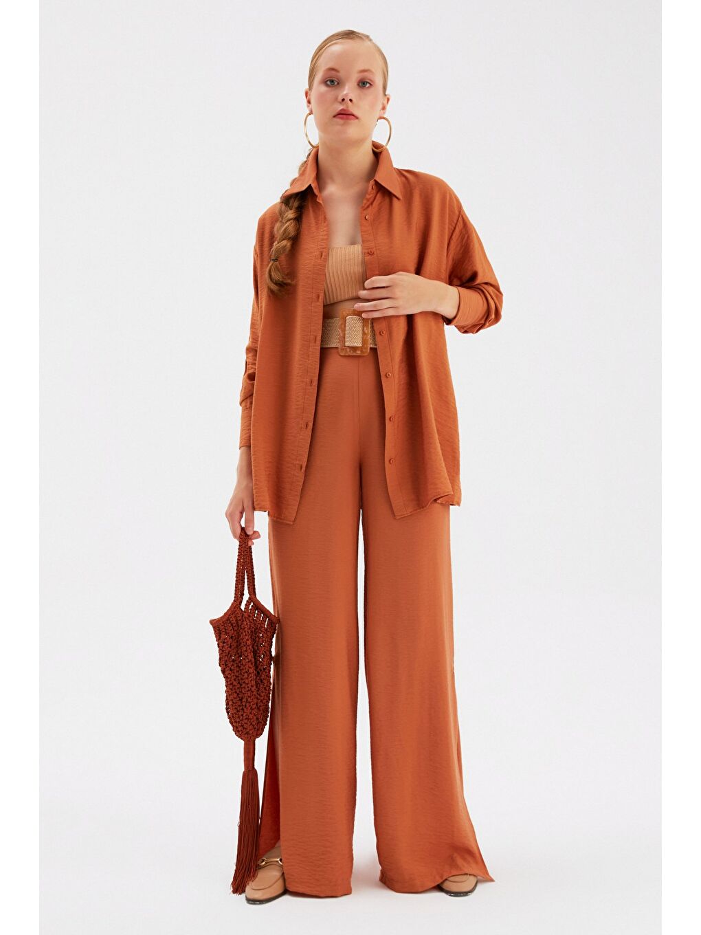 Kahverengi Yırtmaçlı Keten Pantolon - Taba-3