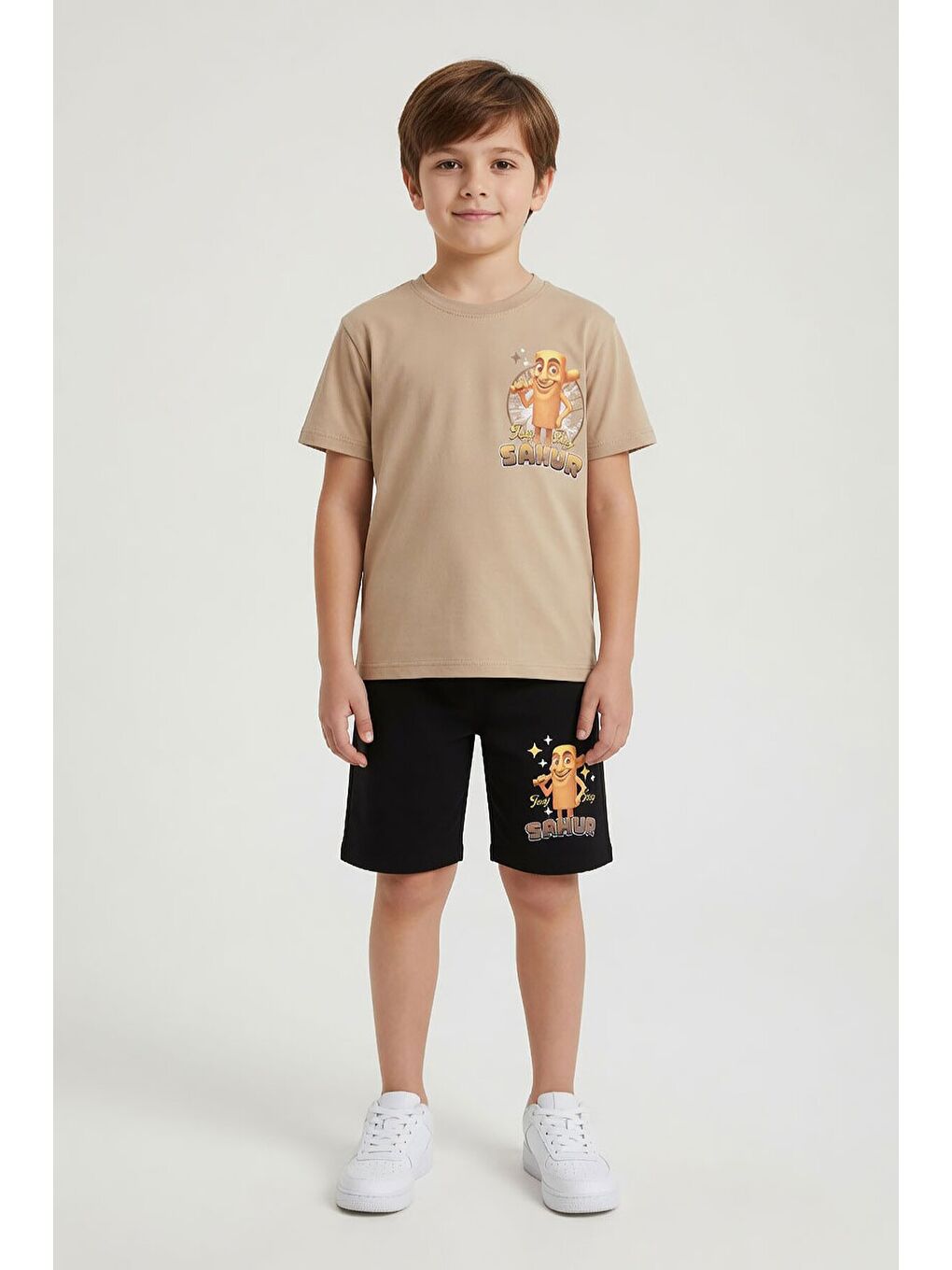 Bej Erkek Çocuk Bisiklet Yaka Tişörtlü Şortlu 2li Baskılı Takım 24001