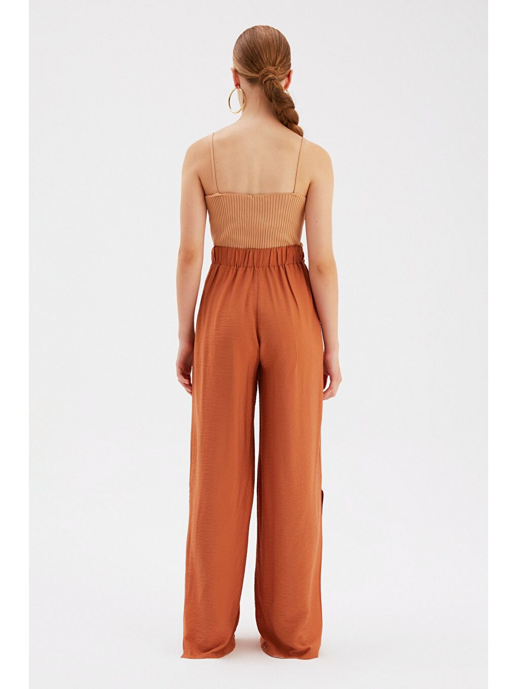 Kahverengi Yırtmaçlı Keten Pantolon - Taba-4