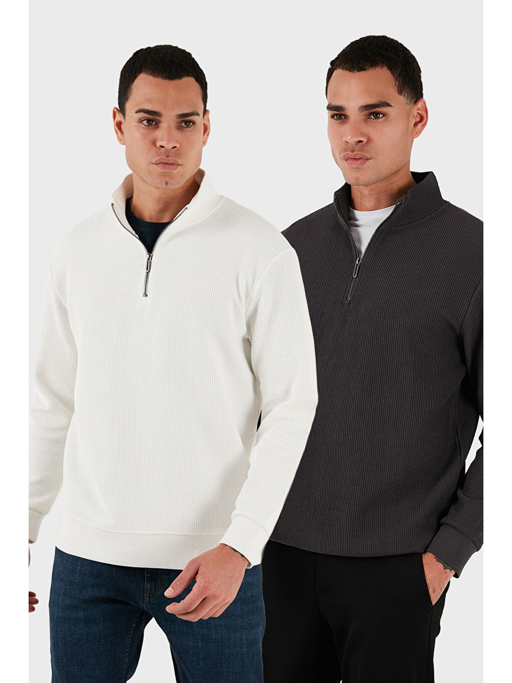 Ekru Pamuklu Regular Fit Yarım Fermuarlı Dik Yaka 2'li Paket Sweat 5905716S2