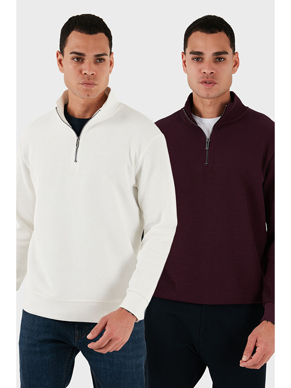 Ekru Pamuklu Regular Fit Yarım Fermuarlı Dik Yaka 2'li Paket Sweat 5905716S2