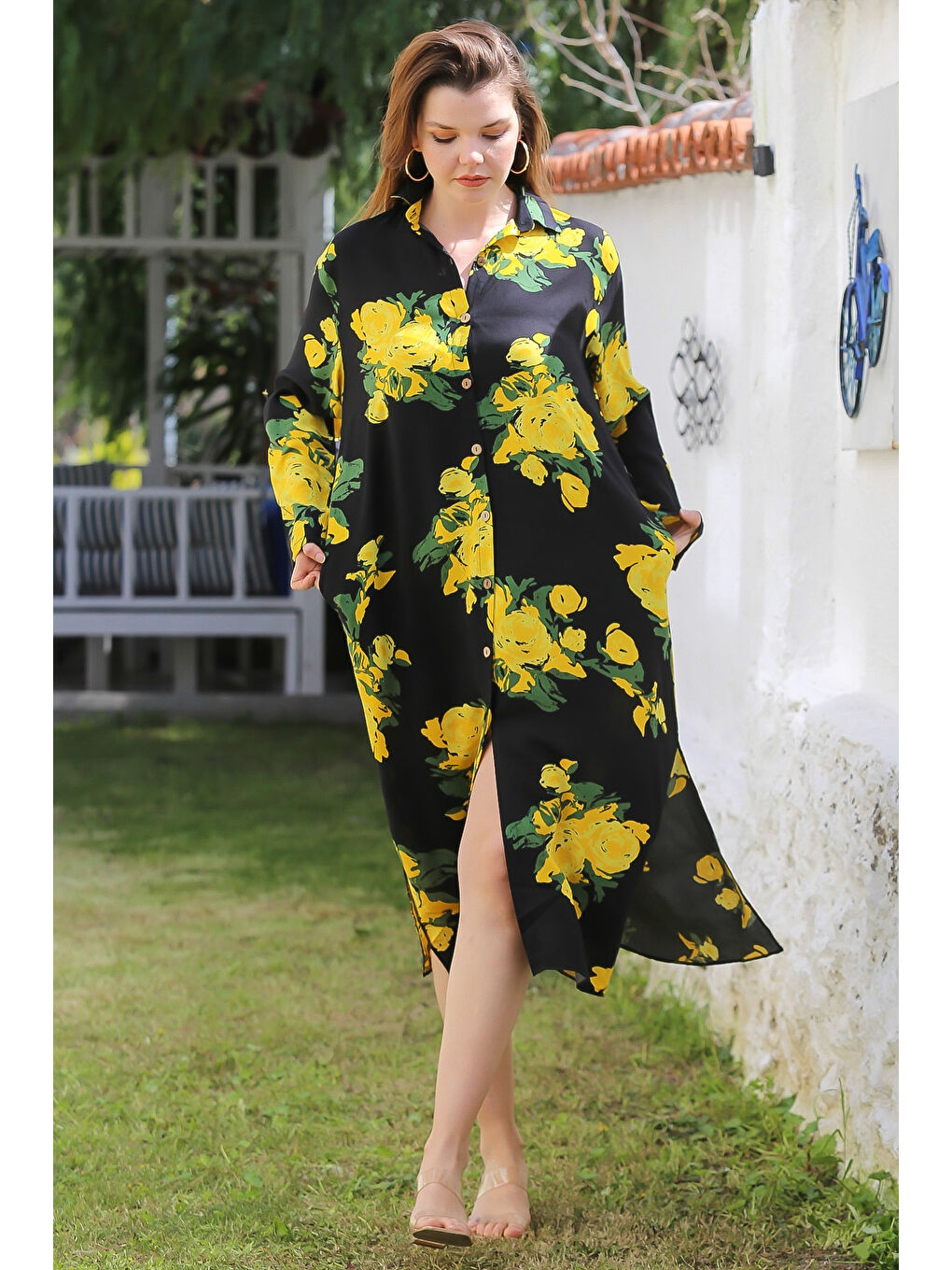 Siyah-Sarı Gömlek Yaka Düğmeli Uzun Kollu Gizli Cepli Yırtmaçlı Casual Viskon Dokuma Elbise 125 65-1