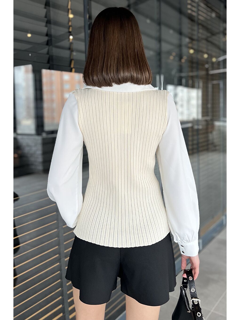 Bej Gömlek Garnili V Yaka Kadın Fitilli Triko Bluz-2