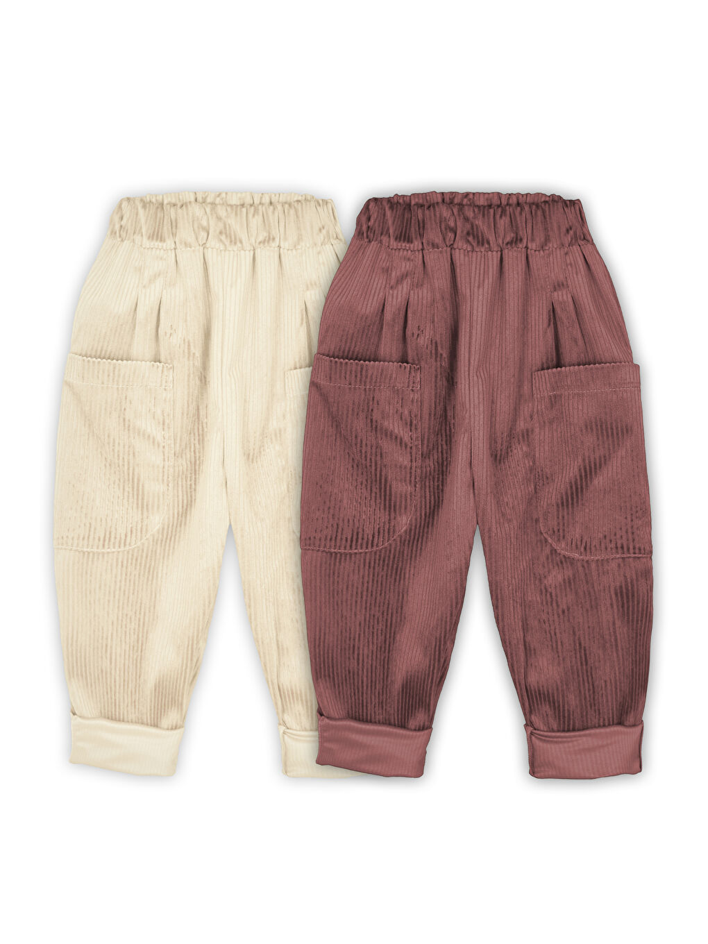 Haki 2'li Paket Yumuşak Kadife Boyfriend Pantolon ( Bordo&Krem )