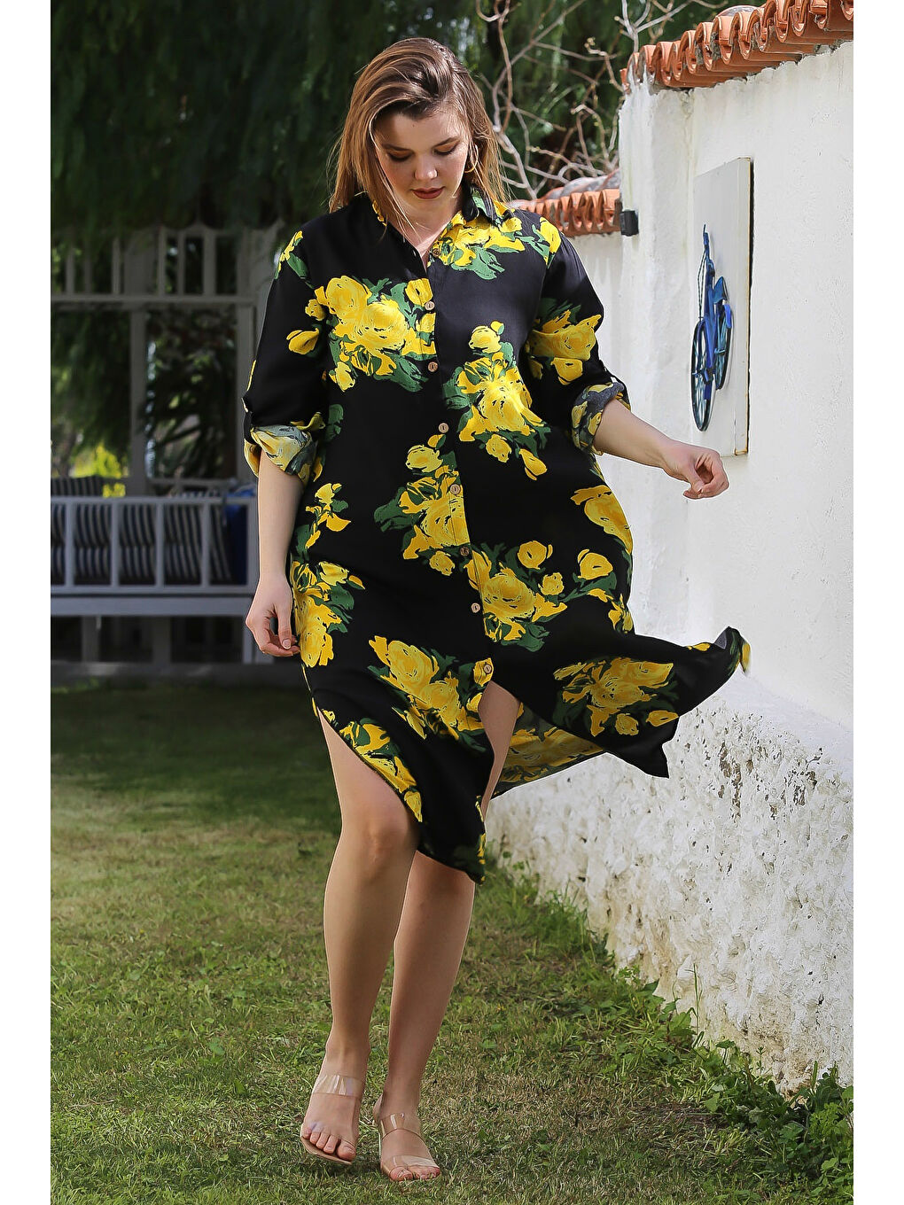 Siyah-Sarı Gömlek Yaka Düğmeli Uzun Kollu Gizli Cepli Yırtmaçlı Casual Viskon Dokuma Elbise 125 65-3