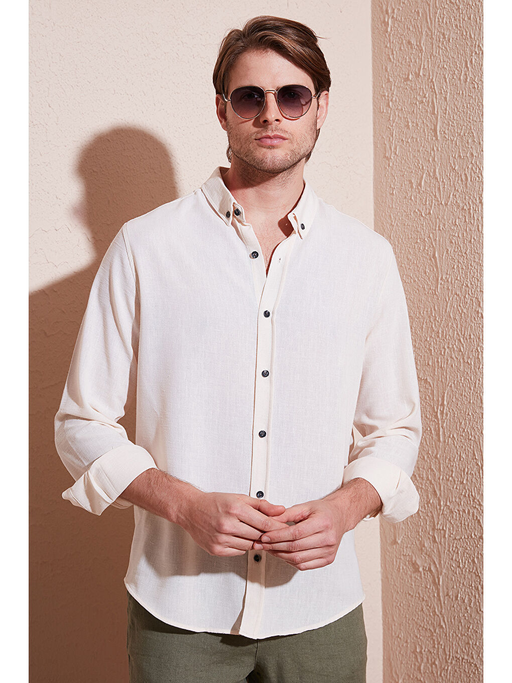 Buratti Ekru Regular Fit Uzun Kollu Düğmeli Yaka Erkek Gömlek CF25S116777 - 1