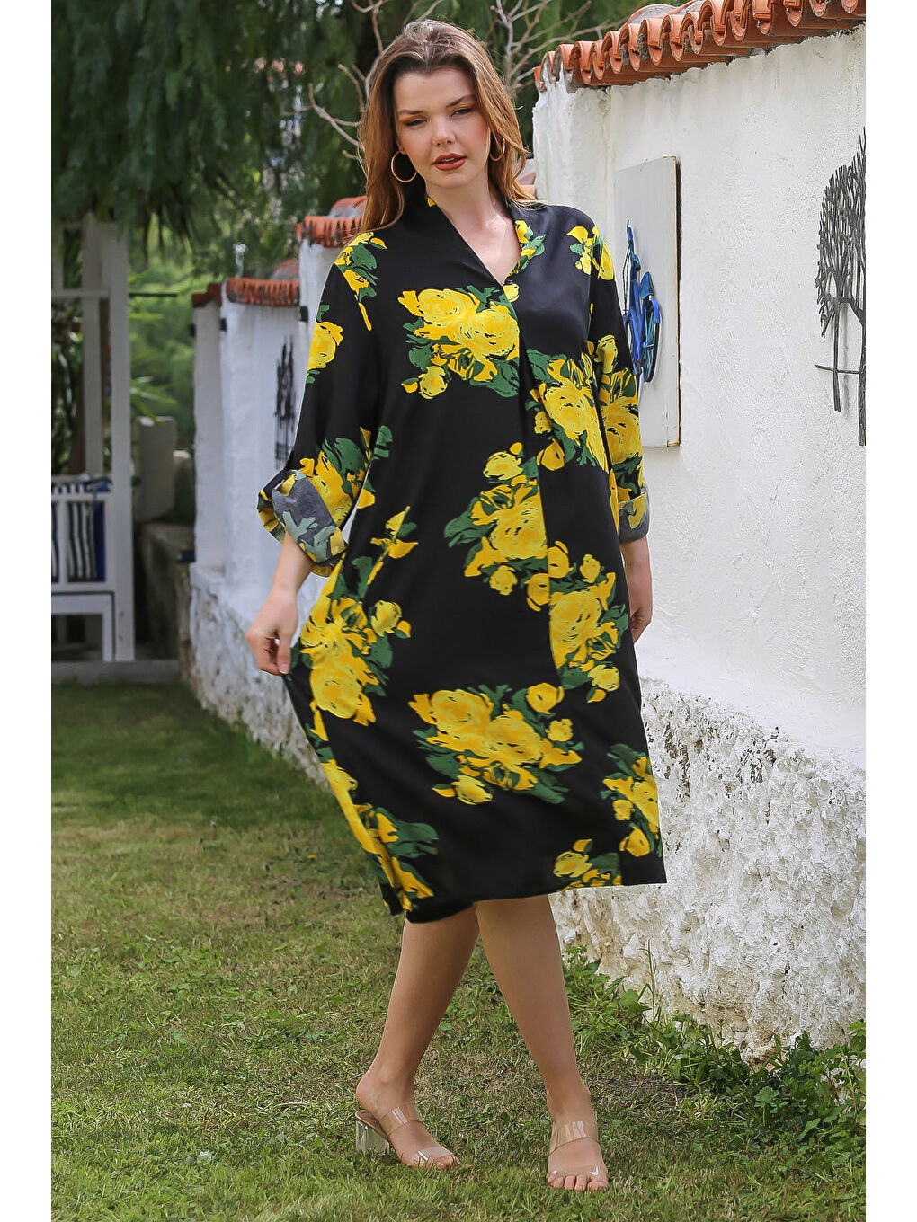 Siyah-Sarı Gömlek Yaka Düğmeli Uzun Kollu Gizli Cepli Yırtmaçlı Casual Viskon Dokuma Elbise 125 65-6