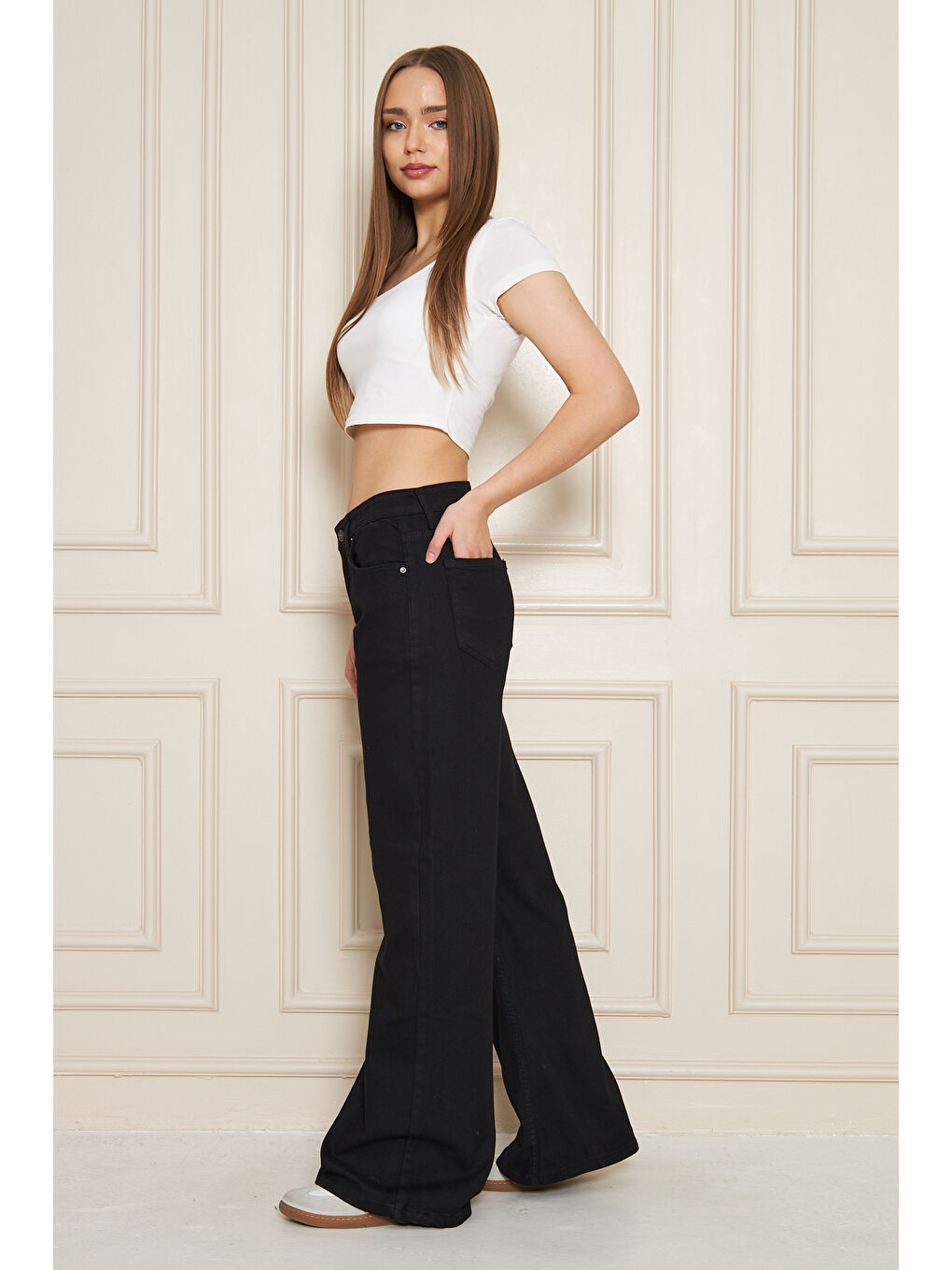 Kadın Bol Paça Yüksek Bel Baggy Siyah Jean Pantolon-1