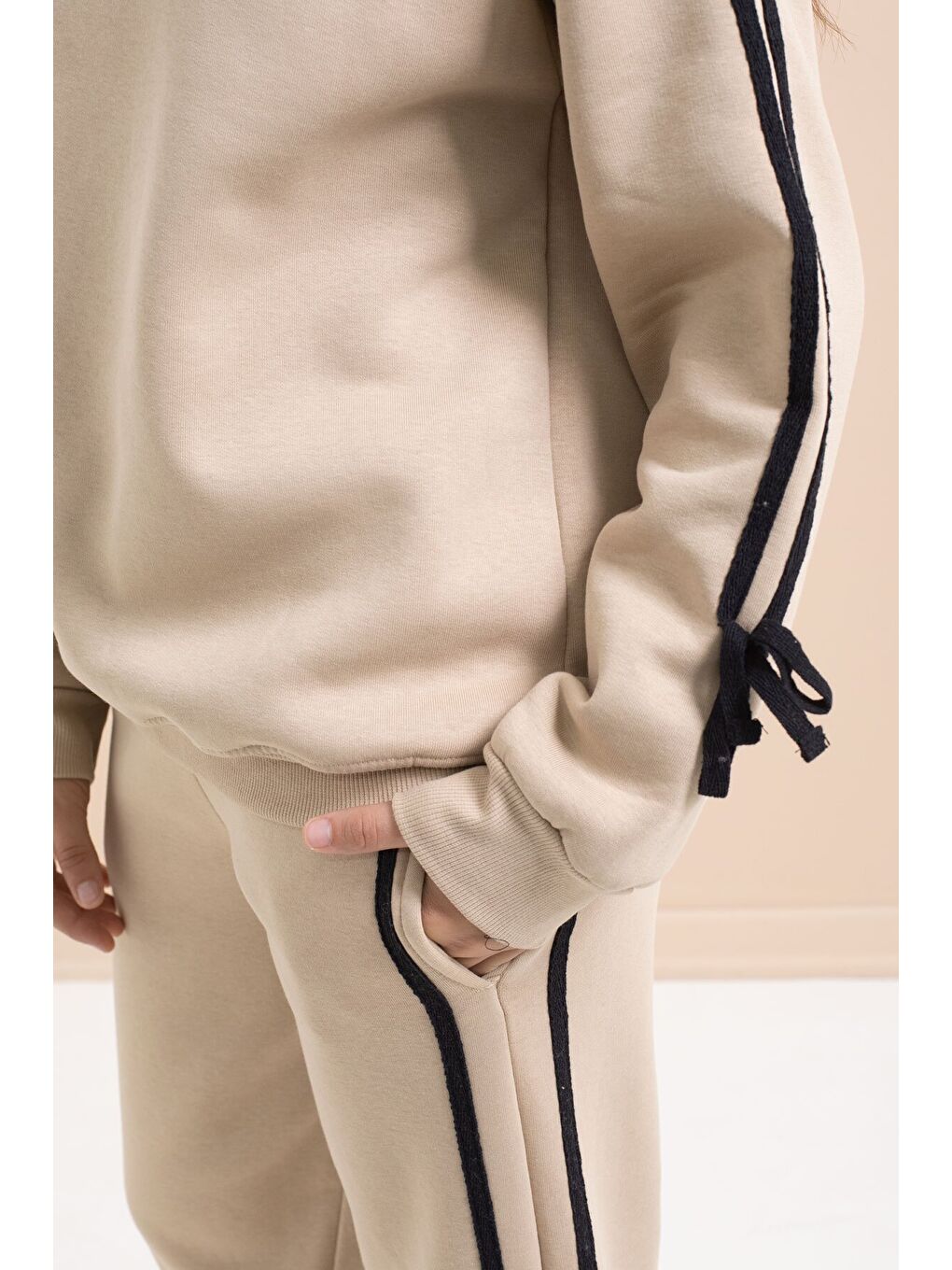 Bej Kız Çocuk Şerit Detaylı 3 İplik Şardonlu Takım 21516-4