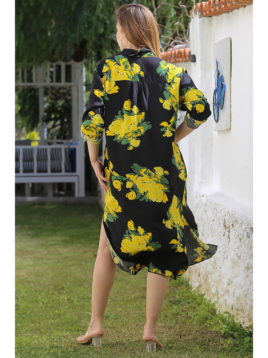 Siyah-Sarı Gömlek Yaka Düğmeli Uzun Kollu Gizli Cepli Yırtmaçlı Casual Viskon Dokuma Elbise 125 65-7