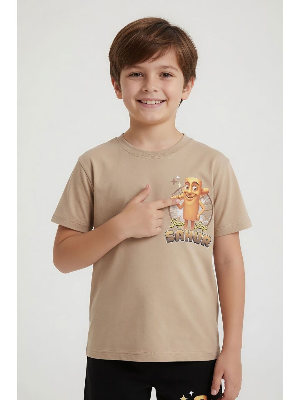 Bej Erkek Çocuk Bisiklet Yaka Tişörtlü Şortlu 2li Baskılı Takım 24001-1