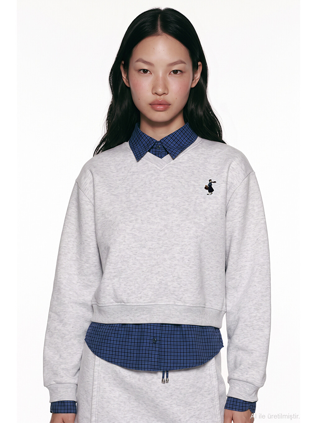 Beyaz Ekose Garnili V Yaka Oversize Sweatshirt Karmelanj