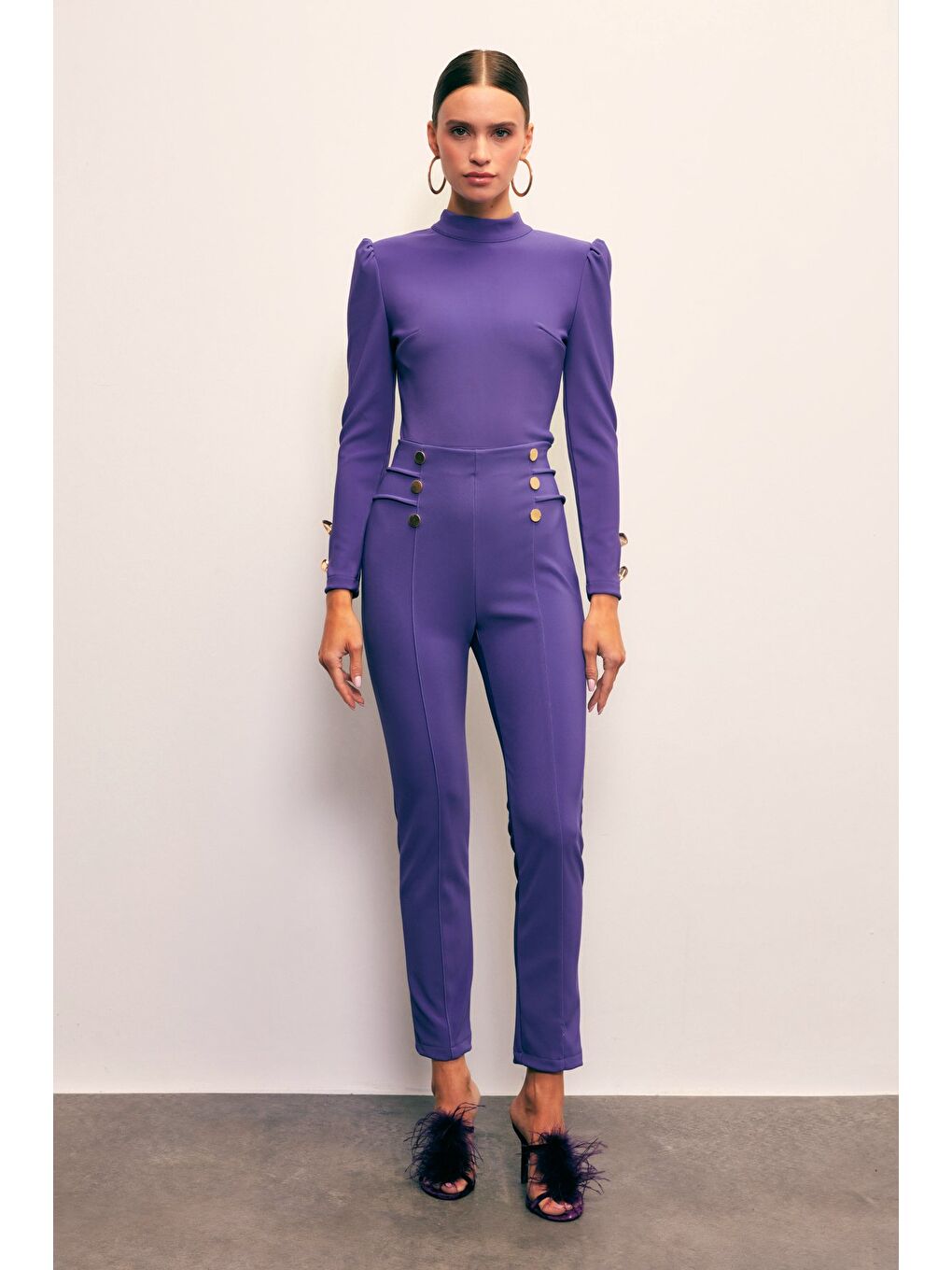 Düğme Detaylı Pantolon - Mor