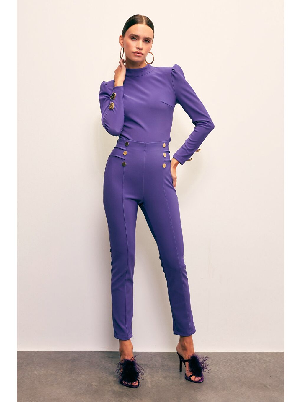 Düğme Detaylı Pantolon - Mor-1