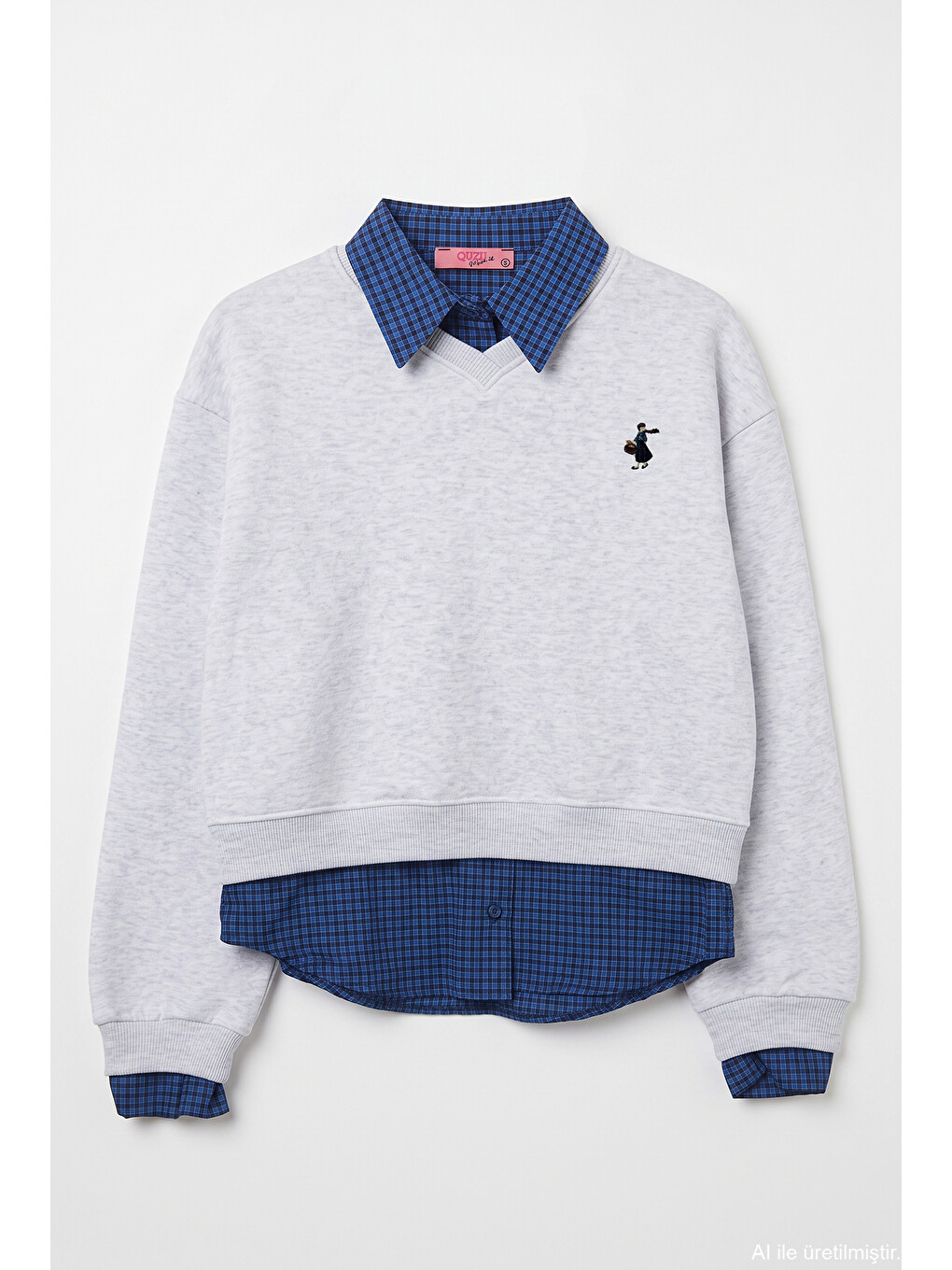 Beyaz Ekose Garnili V Yaka Oversize Sweatshirt Karmelanj-1