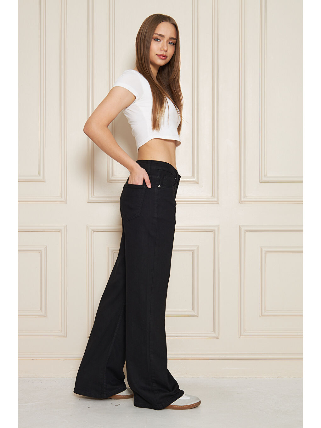 Kadın Bol Paça Yüksek Bel Baggy Siyah Jean Pantolon-2