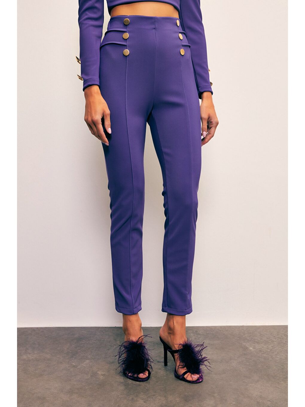 Düğme Detaylı Pantolon - Mor-2