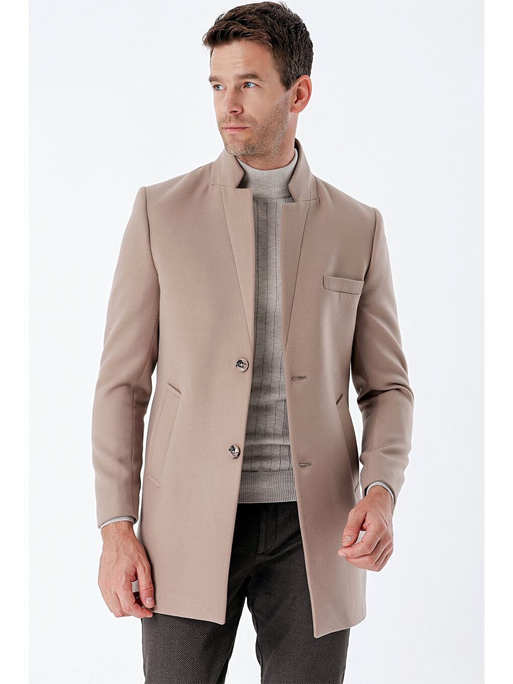 Bej Taş Rengi Kaşe Mono Yaka Kapitoneli Astar Slim Fit Dar Kesim Klasik Kaban 1008235171