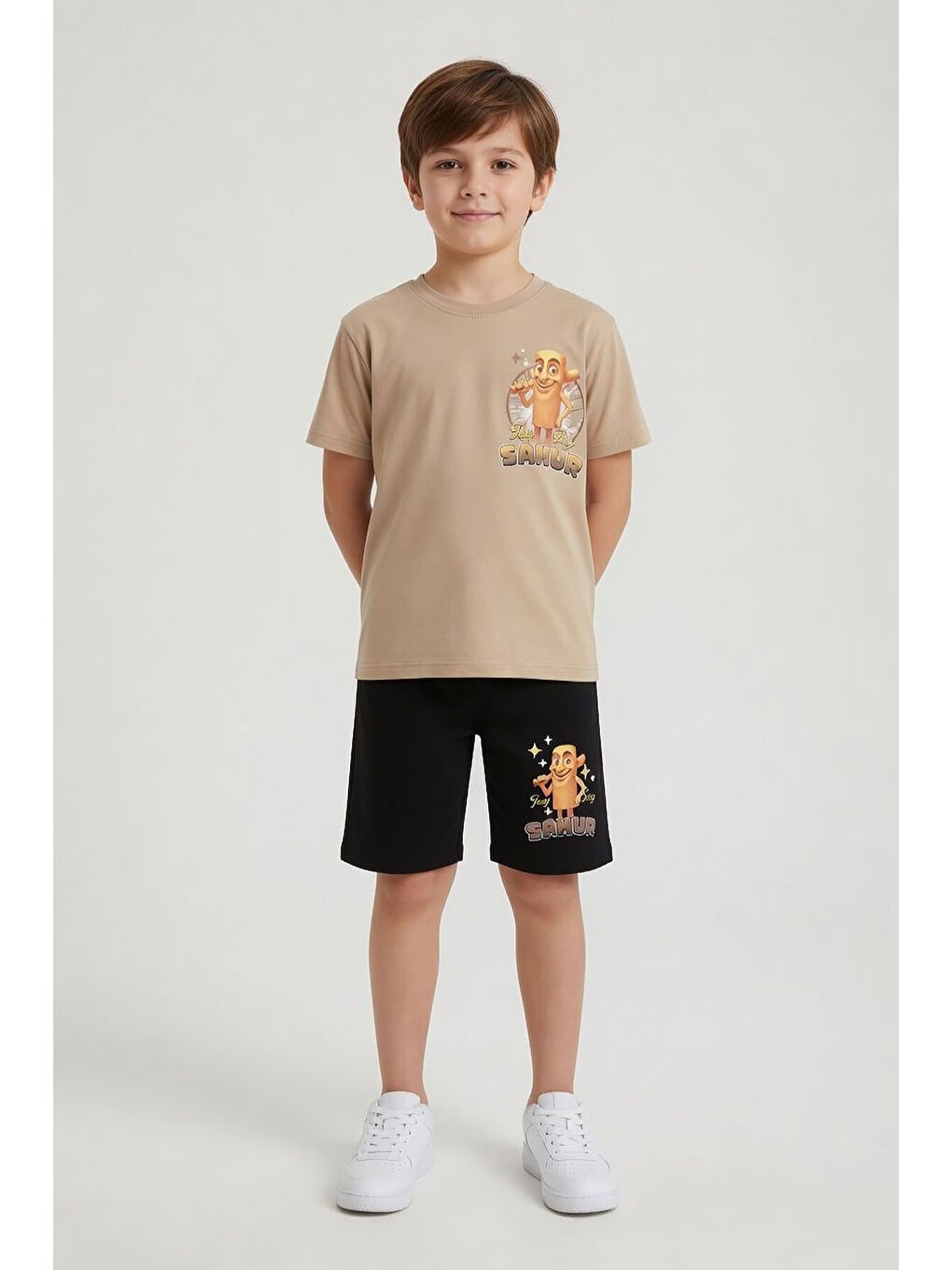 Bej Erkek Çocuk Bisiklet Yaka Tişörtlü Şortlu 2li Baskılı Takım 24001-2
