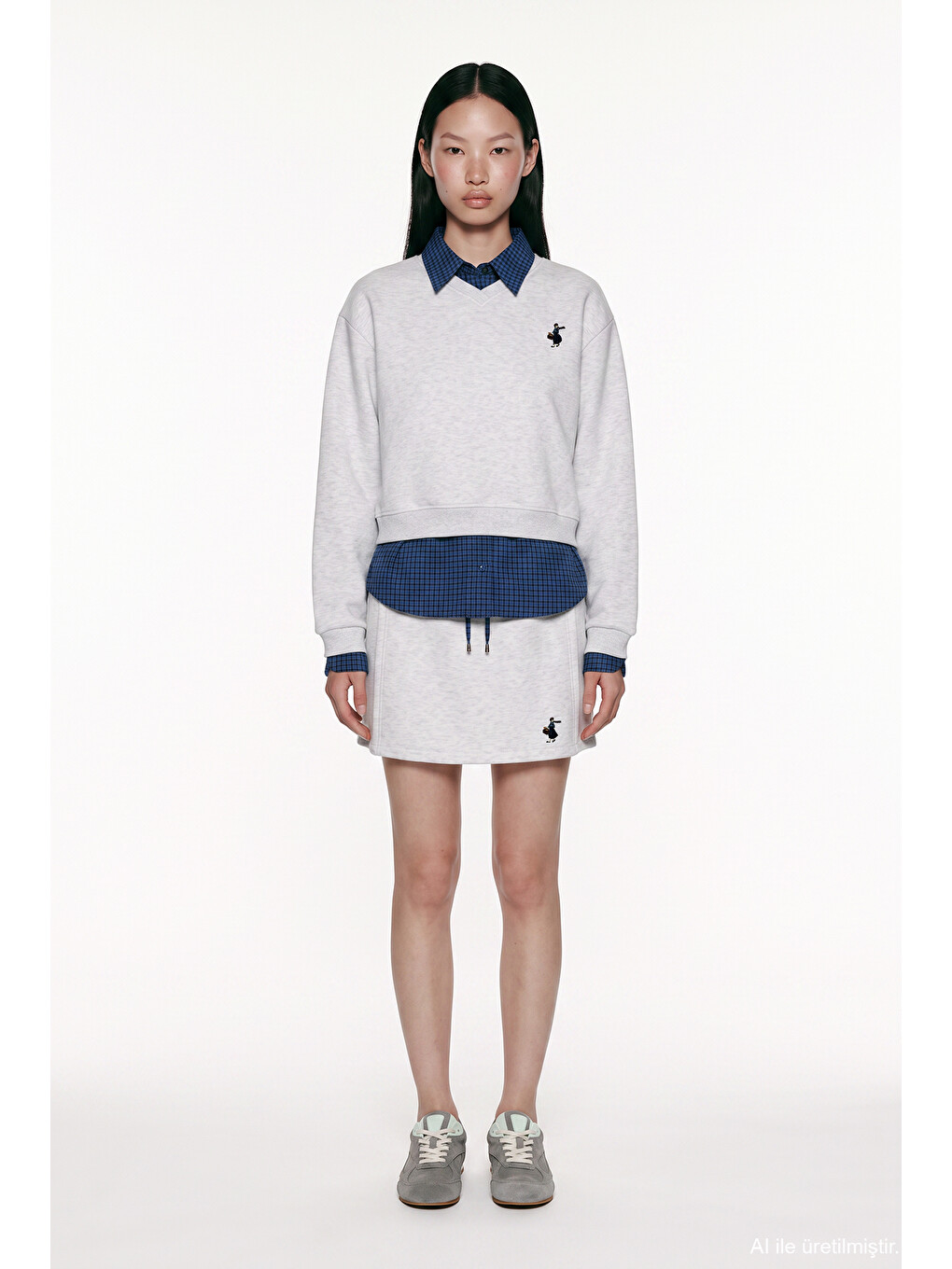 Beyaz Ekose Garnili V Yaka Oversize Sweatshirt Karmelanj-2