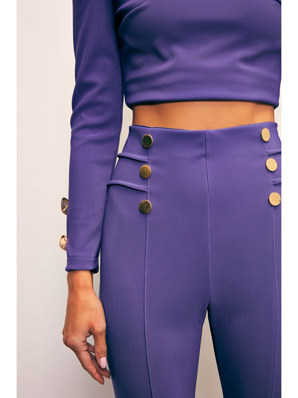 Düğme Detaylı Pantolon - Mor-3