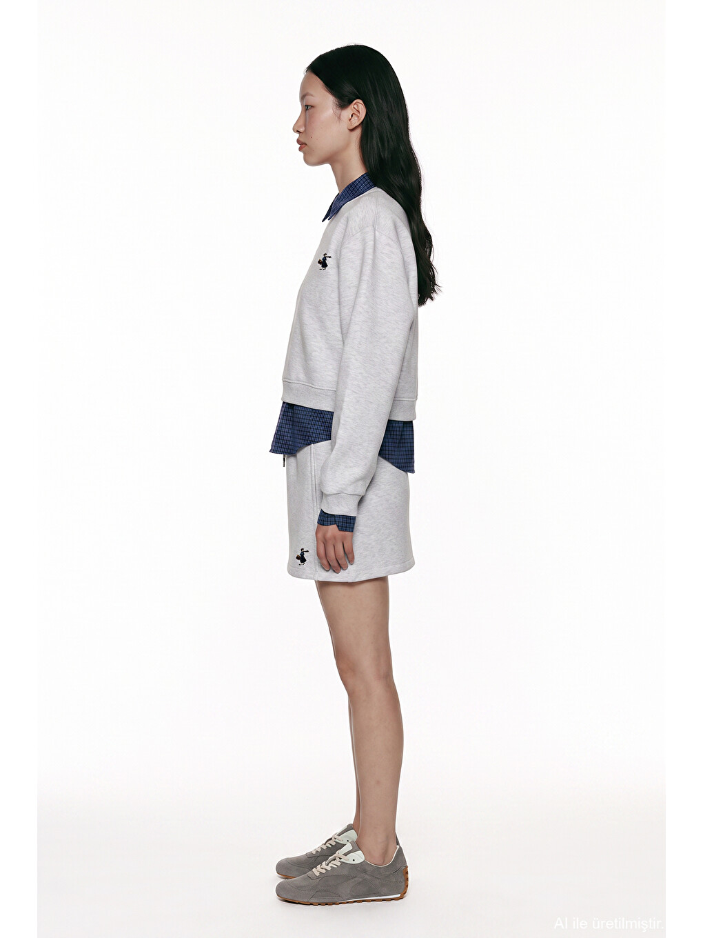 Beyaz Ekose Garnili V Yaka Oversize Sweatshirt Karmelanj-3