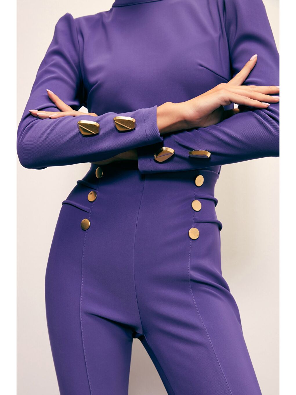 Düğme Detaylı Pantolon - Mor-5