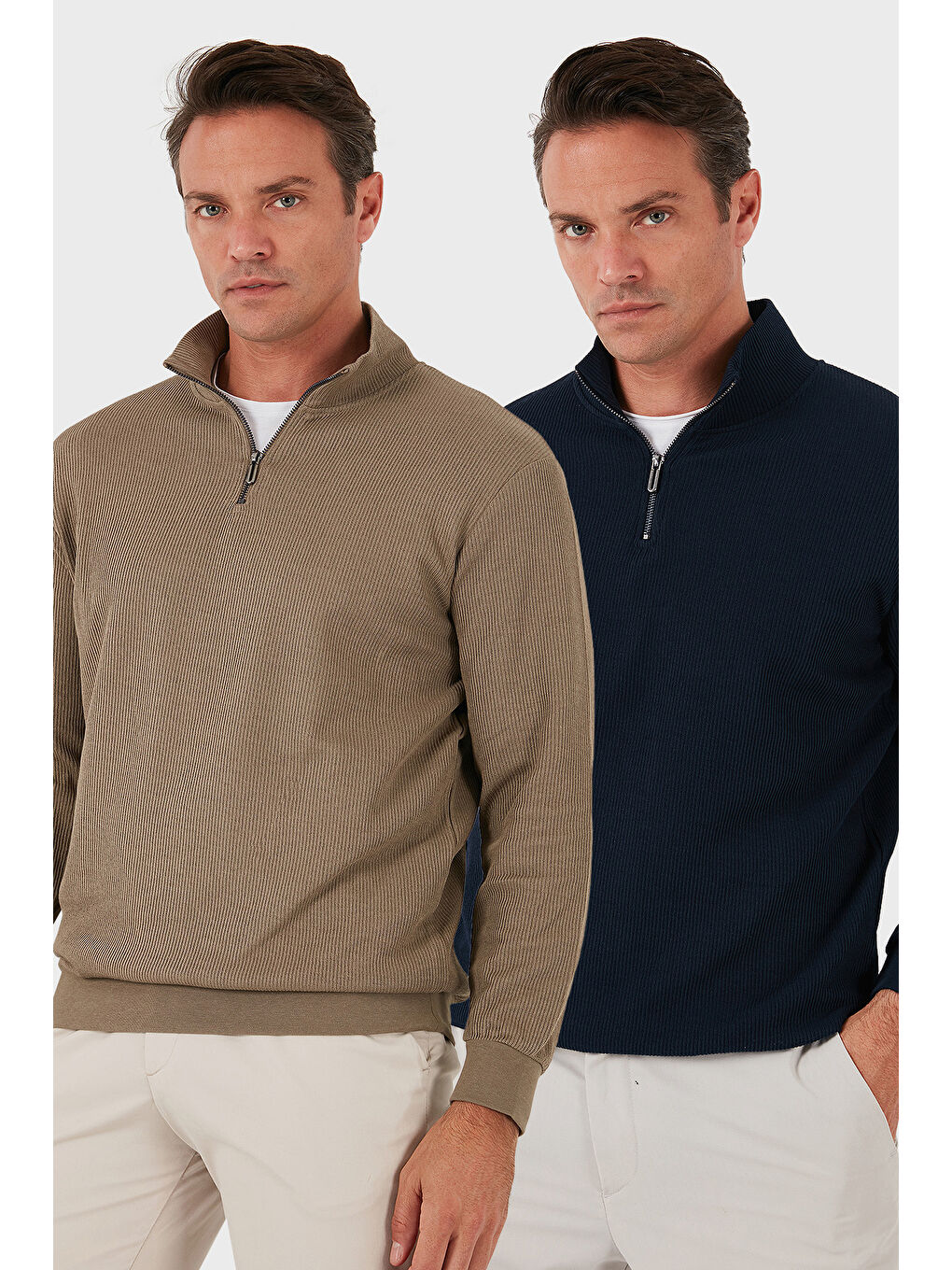 Lacivert Pamuklu Regular Fit Yarım Fermuarlı Dik Yaka 2'li Paket Sweat 5905716S2