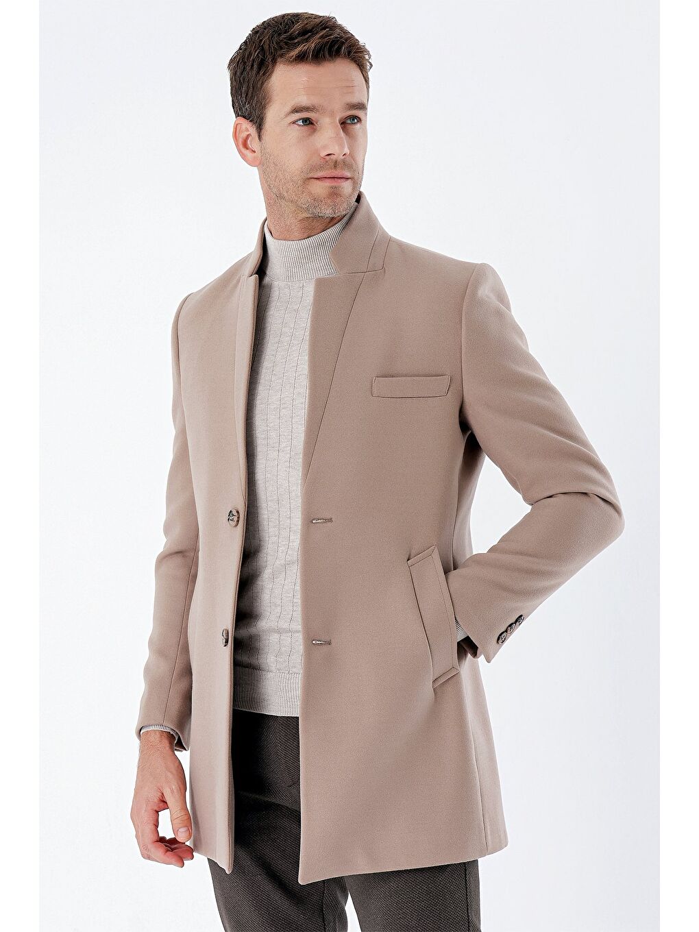 Bej Taş Rengi Kaşe Mono Yaka Kapitoneli Astar Slim Fit Dar Kesim Klasik Kaban 1008235171-2