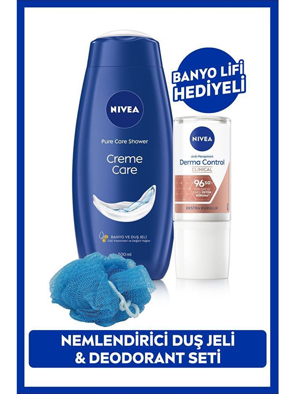 NIVEA Şeffaf Kadın Roll-on Deodorant Derma Control Clinical 50ml ve Creme Care Duş Jeli 500ml, Banyo Lif Hediyeli