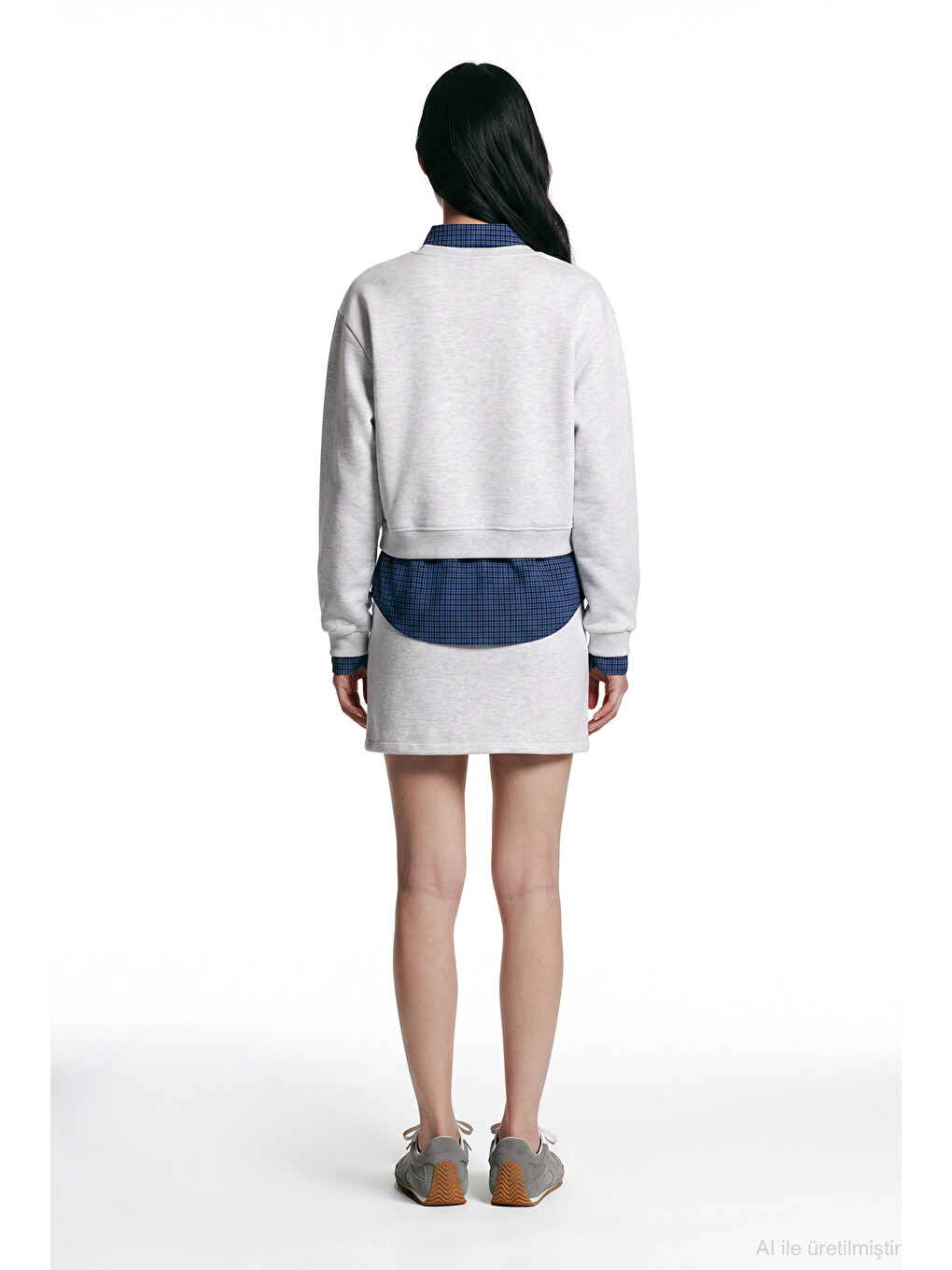 Beyaz Ekose Garnili V Yaka Oversize Sweatshirt Karmelanj-4