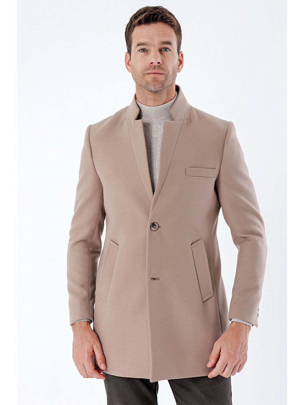 Bej Taş Rengi Kaşe Mono Yaka Kapitoneli Astar Slim Fit Dar Kesim Klasik Kaban 1008235171-3