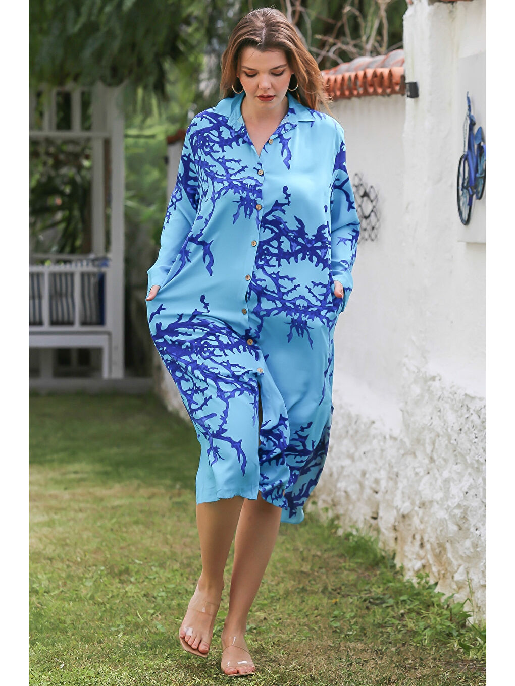 Açık Mavi Gömlek Yaka Düğmeli Uzun Kollu Gizli Cepli Yırtmaçlı Casual Viskon Dokuma Elbise 125 65-1