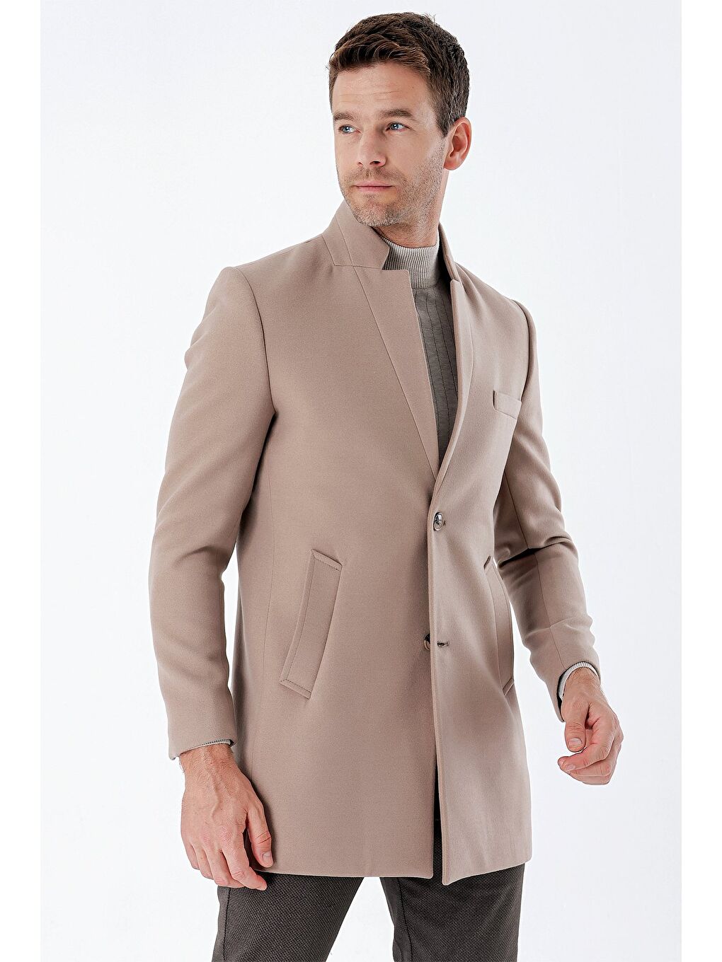 Bej Taş Rengi Kaşe Mono Yaka Kapitoneli Astar Slim Fit Dar Kesim Klasik Kaban 1008235171-4