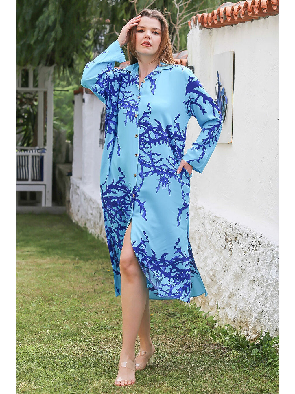 Açık Mavi Gömlek Yaka Düğmeli Uzun Kollu Gizli Cepli Yırtmaçlı Casual Viskon Dokuma Elbise 125 65-2