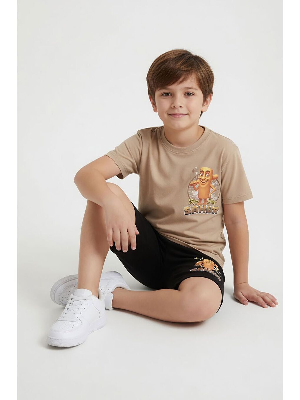 Bej Erkek Çocuk Bisiklet Yaka Tişörtlü Şortlu 2li Baskılı Takım 24001-3