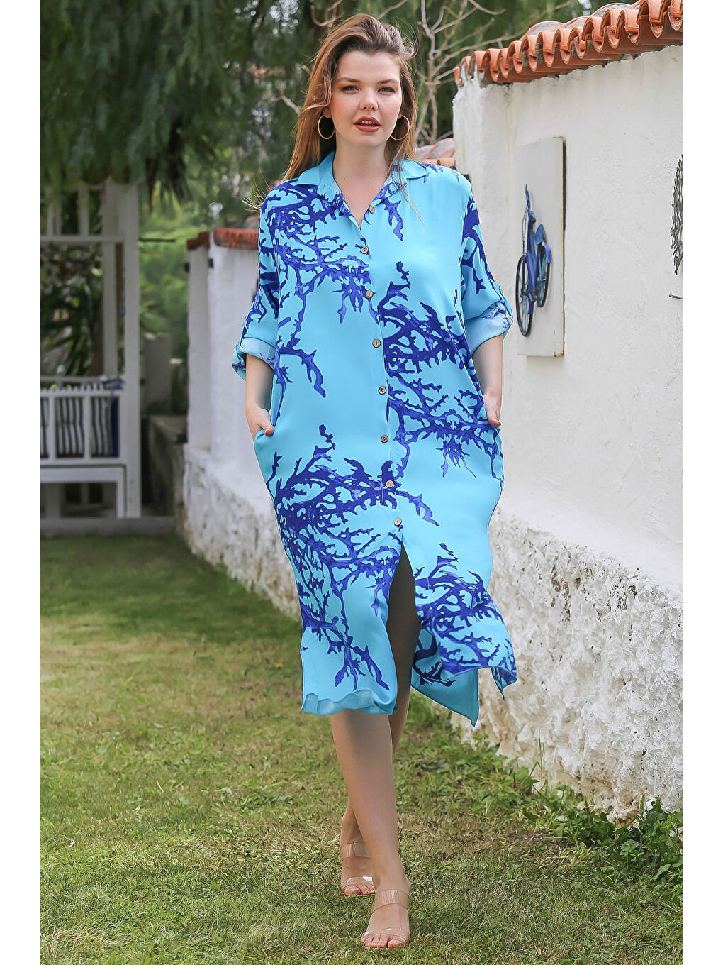 Açık Mavi Gömlek Yaka Düğmeli Uzun Kollu Gizli Cepli Yırtmaçlı Casual Viskon Dokuma Elbise 125 65-3