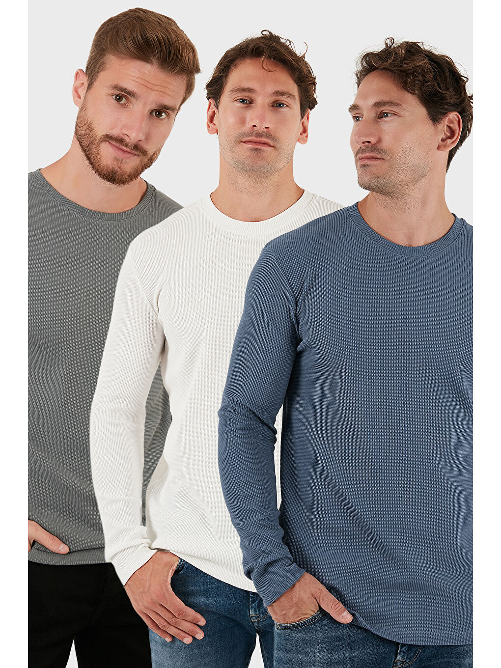 Haki Pamuklu Bisklet Yaka Slim Fit Basic 3'lü Paket Sweat 5905073S3