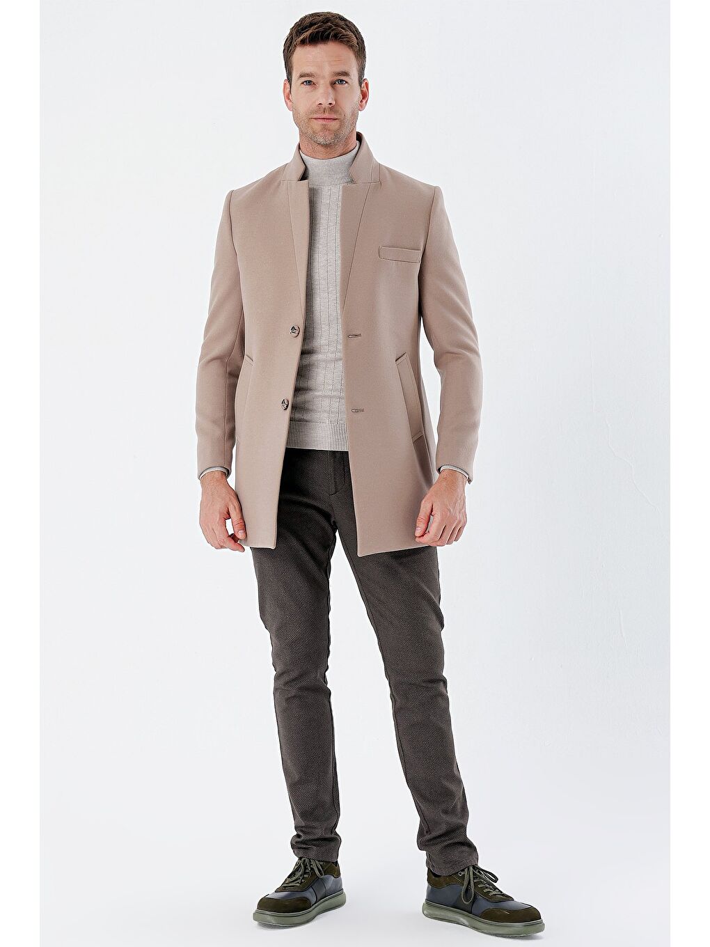 Bej Taş Rengi Kaşe Mono Yaka Kapitoneli Astar Slim Fit Dar Kesim Klasik Kaban 1008235171-5