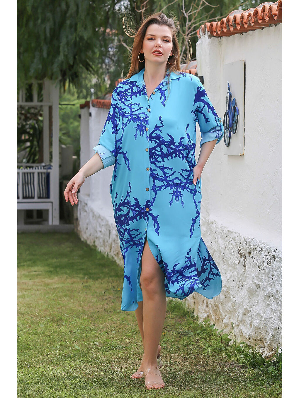 Açık Mavi Gömlek Yaka Düğmeli Uzun Kollu Gizli Cepli Yırtmaçlı Casual Viskon Dokuma Elbise 125 65-4